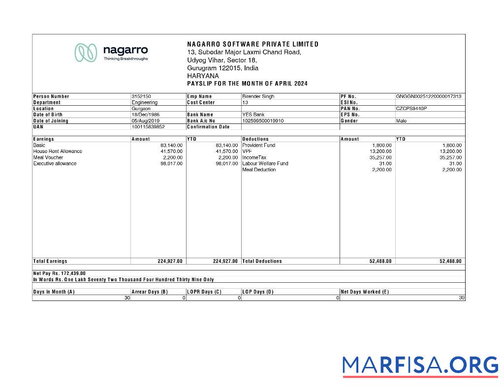 Printable Nagarro Software payslip example